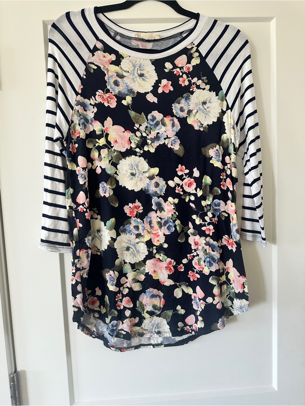 🌟First Looks Black Floral Raglan Long Sleeve Tee with White Striped Sleeves🌟